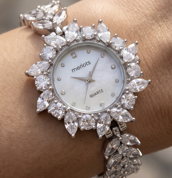 Precious 45.8 carat natural Moissanite .925 Sterling Silver handmade Bracelet - Watch - Close-up of Moissanite watch worn on wrist, showing face and bracelet detail.