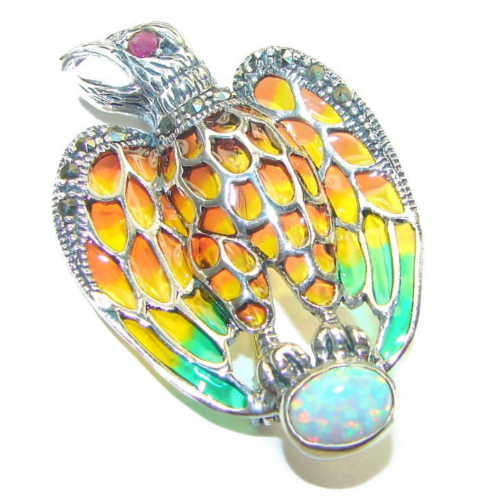 Natural Enamel Eagle .925 Sterling Silver Brooch Pendant - photo 3