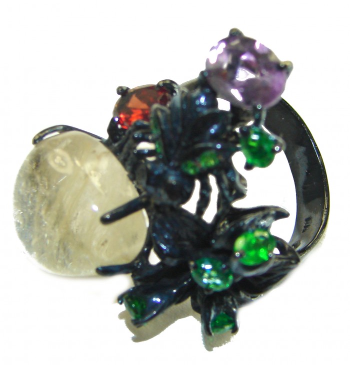 Large Best quality Golden Rutilated Quartz black rhodium over .925 Sterling Silver handcrafted Ring Size 8 1/4 - photo 1