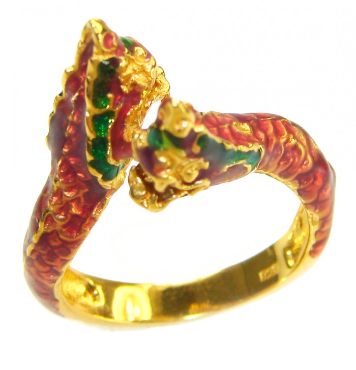 Dragon - symbolizes supernatural power- Enamel Ruby 18K Gold over .925 Sterling Silver Huge handcrafted Ring s. 8 - photo 3