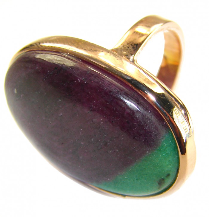 Rare Ruby fuchsite 14K Gold over .925 Sterling Silver handmade Ring size 8 adjustable - Close-up of rare ruby fuchsite ring in 14K gold over sterling silver.
