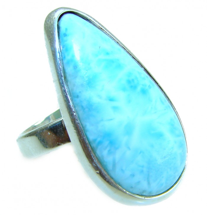 Blue Dreamer authentic Larimar .925 Sterling Silver handmade Large Solid ring size 7 adjustable - Close-up of Blue Dreamer Larimar ring in .925 sterling silver.