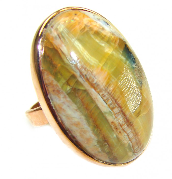 Large Silky Golden Pietersite 14K Rose Gold over .925 Sterling Silver handmade Ring size 8 adjustable - Close-up of Silky Golden Pietersite ring in rose gold setting