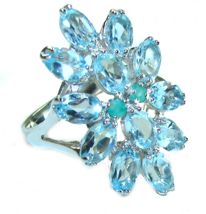 Eau Pure 12.5 carat AQUAMARINE .925 Sterling Silver Handcrafted Ring size 8 - Close-up of aquamarine floral ring in sterling silver, top view.