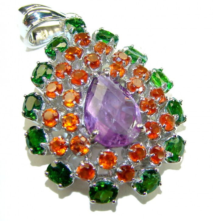 Purple Velvet - authentic 16.7 carat Amethyst .925 Sterling Silver handcrafted Pendant - Close-up of a purple amethyst pendant with orange and green gemstones.