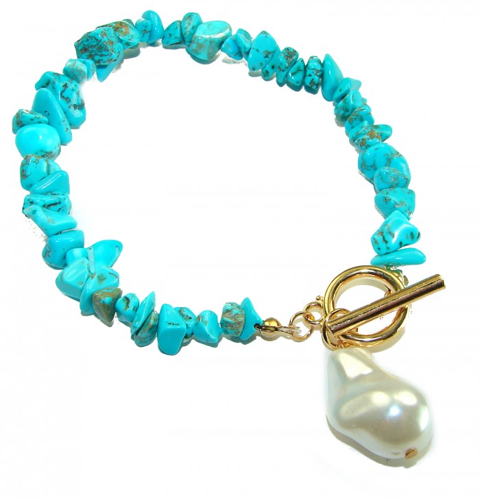 Beauty of Nature - natural turquoise 10K Gold over .925 Sterling Silver handmade Statement Bracelet - Turquoise bracelet with pearl pendant and toggle clasp, overhead view.
