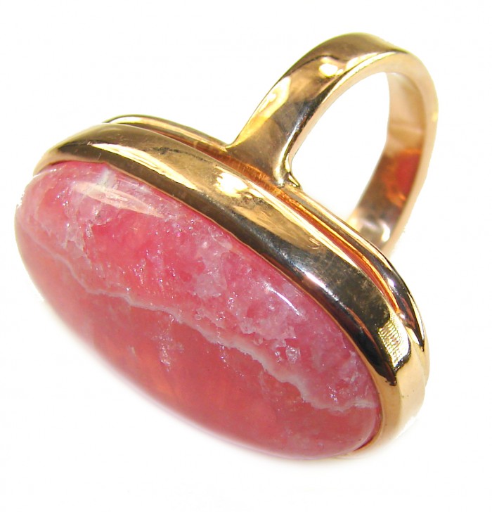 Large top quaity Argentinian Rhodochrosite 18K Gold over .925 Sterling Silver handmade ring size 7 - Side view of large Argentinian Rhodochrosite ring in 18K gold setting.