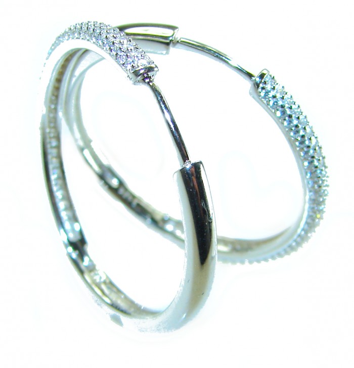 Allure Natural 8.2 carat White Topaz .925 Sterling Silver handcrafted hoop earrings - Silver hoop earrings with white topaz, side view.