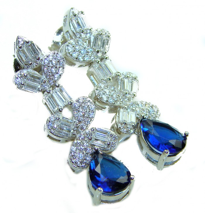 Art Deco - Luxurious natural 10.5 carat Sapphire .925 Sterling Silver Perfectly handcrafted earrings - Side view of Art Deco sapphire and diamond earrings.