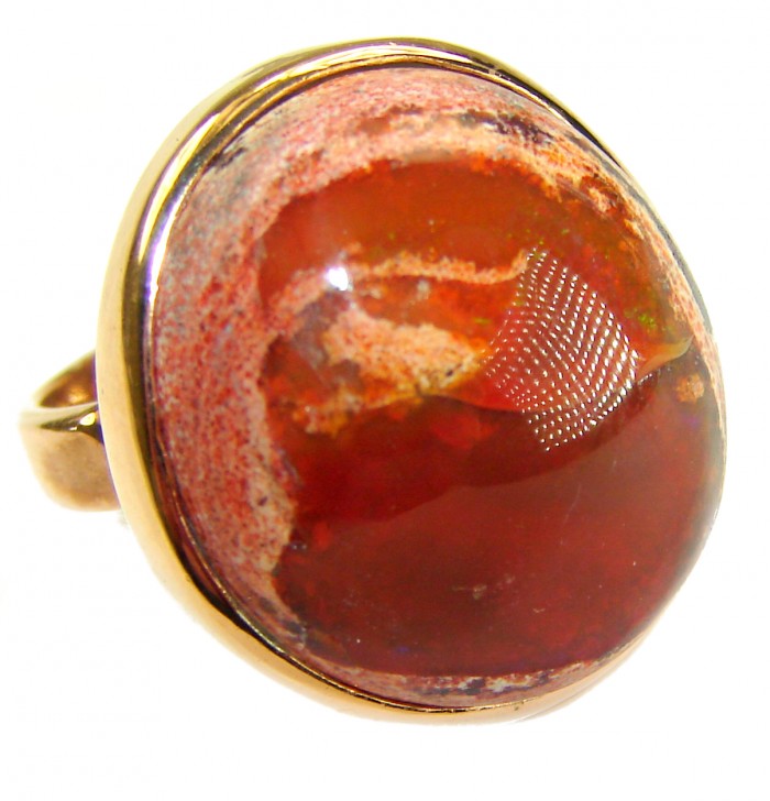 Bonfire Night best quality 33.4 carat Mexican Opal .925 Sterling Silver dipped in 18K Gold handmade ring 6 - Close-up of Mexican opal ring with gold setting.