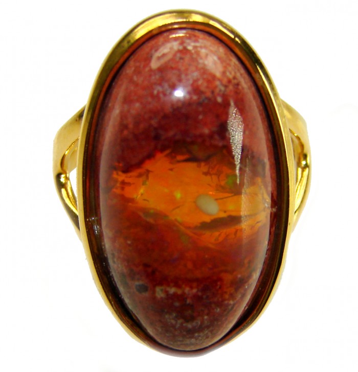 Queen of Fire best quality 22.4 carat Mexican Opal 18K Rose Gold over .925 Sterling Silver handmade ring 8 adjustable - Close-up of Mexican Opal ring in 18K rose gold setting.