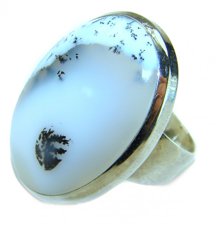 LARGE Top Quality Dendritic Agate .925 Sterling Silver handcrafted Ring s. 9 3/4 - Close-up of large dendritic agate ring in .925 sterling silver setting