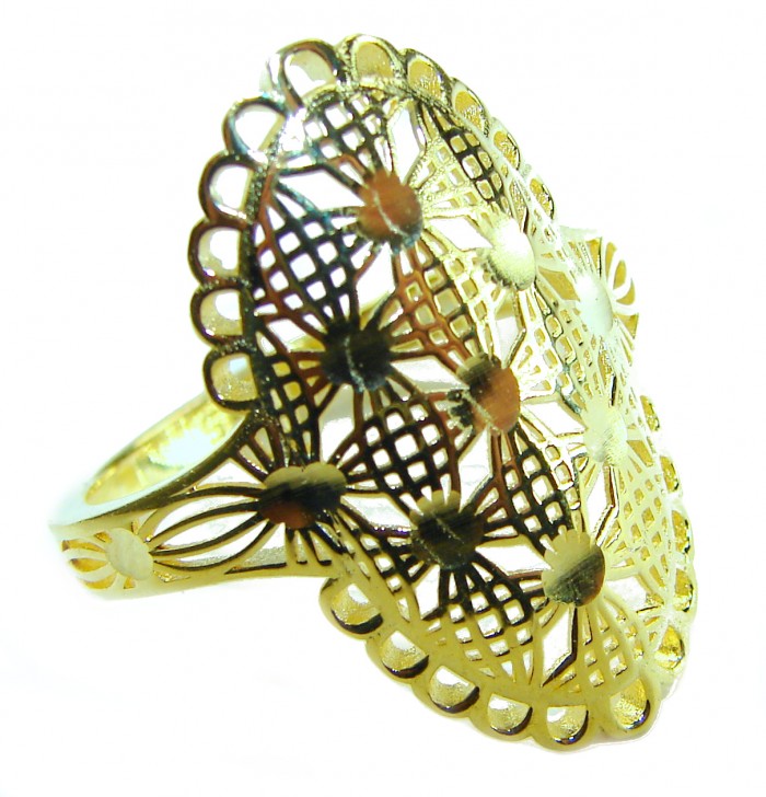 Dubai Style - .925 Sterling Silver dipped in 22K Gold handmade Large ring size 10 - Side view of Dubai Style gold-dipped sterling silver filigree ring.