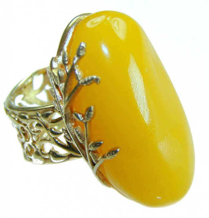 Authentic Golden Butterscotch Baltic Amber 18K Gold over .925 Sterling Silver entirely handcrafted ring; s. 7 adjustable - Side view of Golden Butterscotch Baltic Amber ring with leaf detail