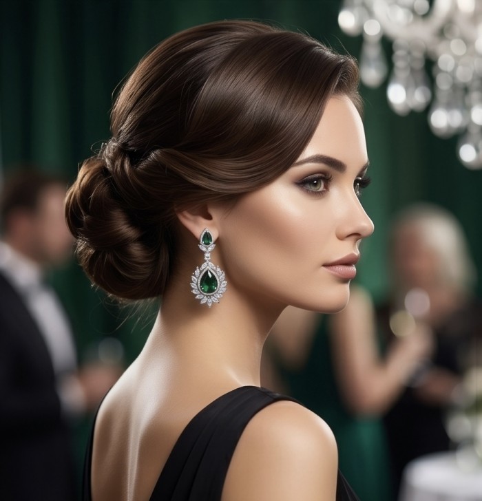 Magnificent Jewel 17.5 carat Emerald 14K white Gold over .925 Sterling Silver handcrafted earrings - Side view showcasing 17.5 carat emerald earrings in elegant setting.
