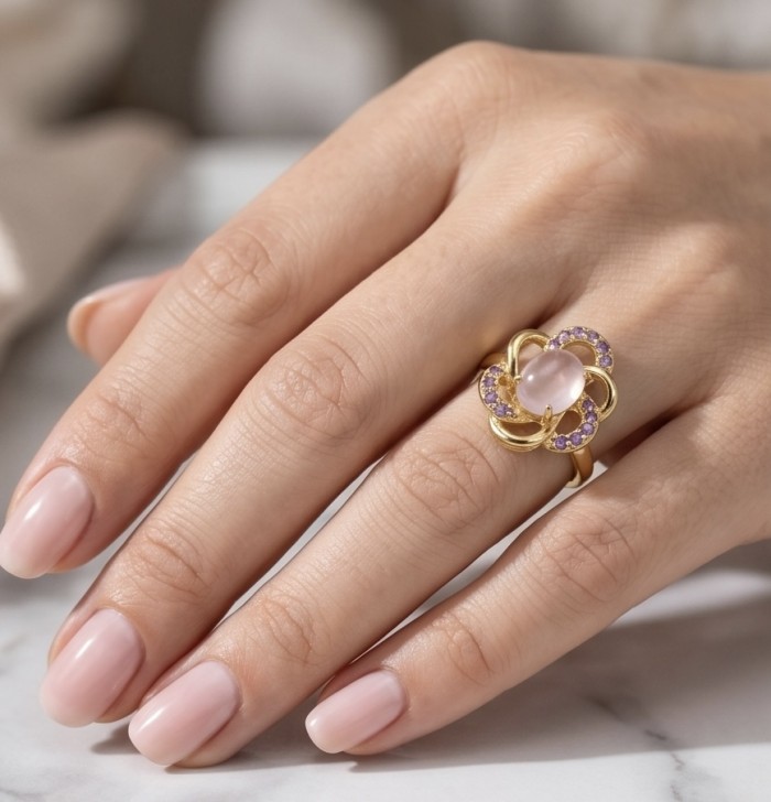 Scarlett 5.5 carat Rose Quartz Amethyst 22K Gold over .925 Sterling Silver handcrafted Statement Ring size 8 - Rose Quartz and Amethyst gold ring worn on hand, top view.