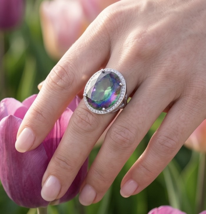 Massive 25.8 carat Mystic Topaz .925 Sterling Silver handcrafted Large ring size 7 - Worn on hand, massive 25.8 ct Mystic Topaz in .925 Sterling Silver ring.