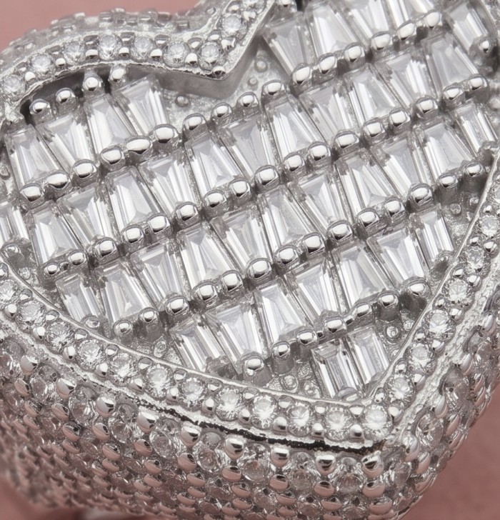 Art Deco Precious Heart - 10.5 carat White Sapphire .925 Sterling Silver Handcrafted Statement Ring size 8 - Heart-shaped jewelry stone close-up with intricate white sapphire details.