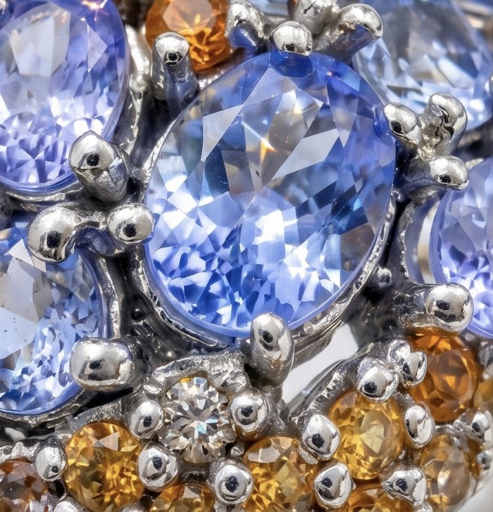 Born to Glam 5.2 carat natural Tanzanite .925 Sterling Silver Perfectly handcrafted Ring s. 8 - Close-up of Tanzanite and orange stones in sterling silver setting.