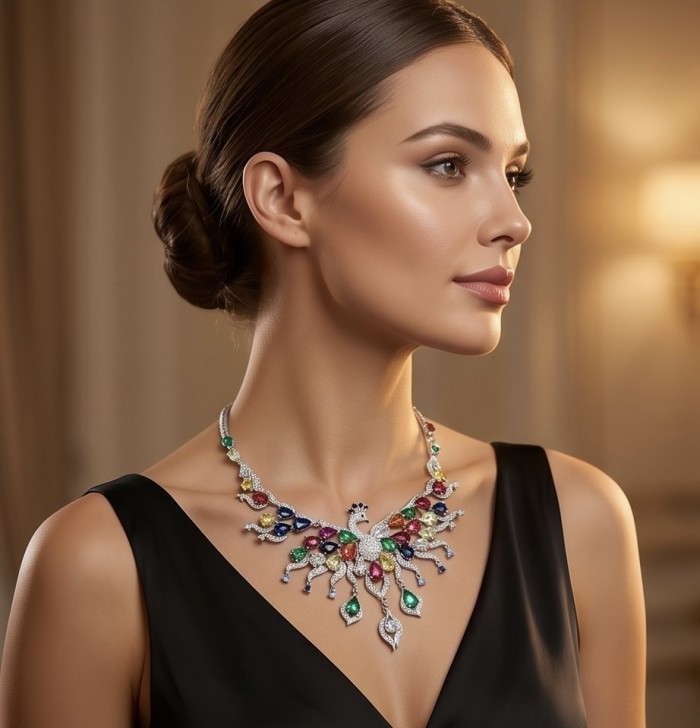 55.2 carat Graceful Swan Natural multicolot Topaz .925 Sterling Silver handcrafted Statement necklace - Woman wearing multicolor topaz necklace, side view.