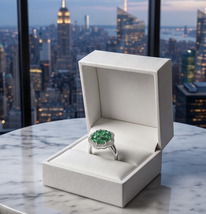 SPRING 6.5 carat Chrome Diopside .925 Sterling Silver handcrafted ring size 6 - Chrome Diopside ring in box, skyscrapers visible outside window