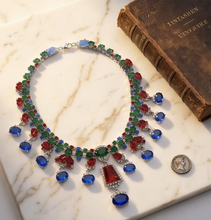 RARE BEAUTY! Valentina 148.2 carat CARVED Ruby Emerald Sapphire .925 Sterling Silver dipped in rhodium Statement Necklace - Necklace display on marble with coin for scale, antique book nearby