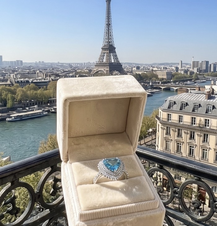Angels's Heart 6.5 carat genuine Swiss Blue Topaz .925 Sterling Silver handmade Statement Ring size 6 adjustable - Angels's Heart ring with Blue Topaz and Eiffel Tower in background.