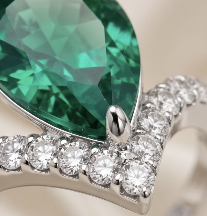 Precious Green Drop 12.2 CARAT Chrome Diopside .925 Sterling Silver Statement Ring s. 7 - Close-up of green stone in silver ring with diamond accents