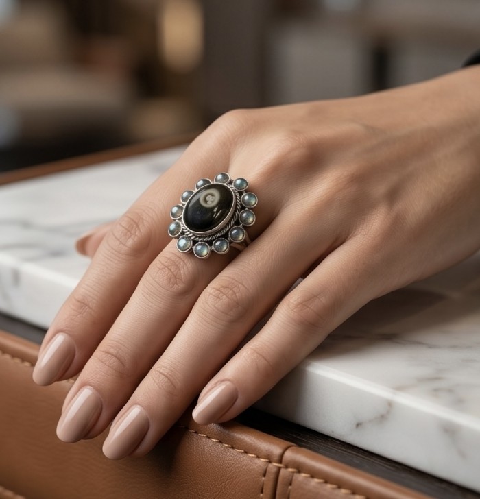Shimmering Natural Labradorite .925 Sterling Silver handcrafted Large ring size 9 - Labradorite ring in sterling silver worn on hand, side view.