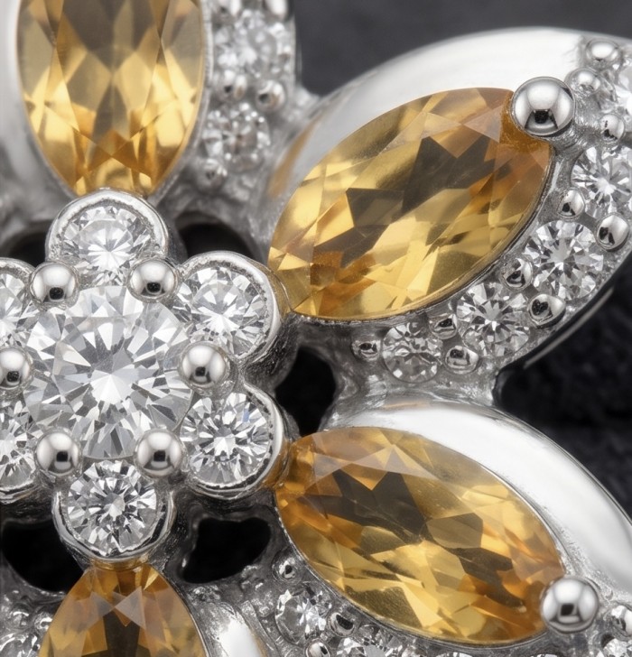 Golden Star 8.5 carat Brazilian Citrine .925 Sterling Silver dipped in Rhodium handmade Pendant - Close-up of Golden Star Citrine and diamond .925 sterling silver setting