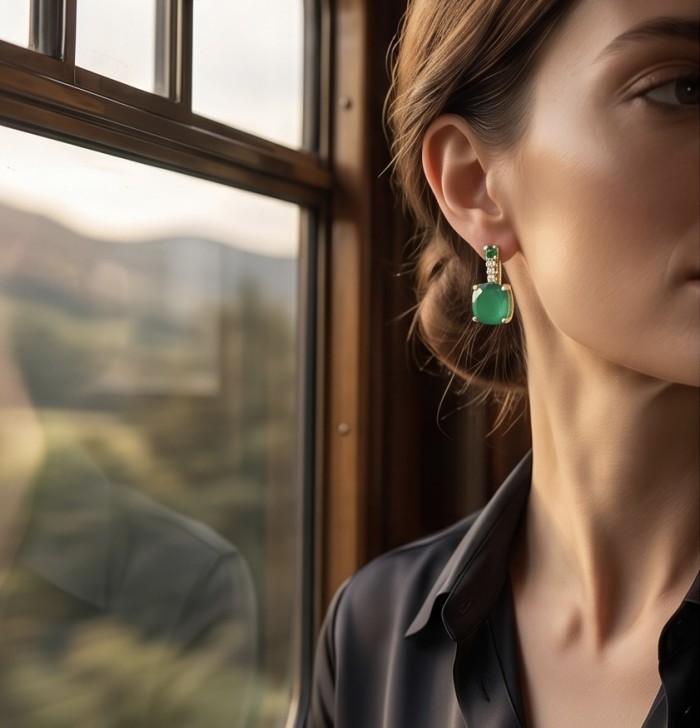 Assher cut 3.8 carat COLOMBIAN Emerald 22k Gold over .925 Sterling Silver handmade Earrings - Emerald earrings side view, worn with hair up, reflecting in window.