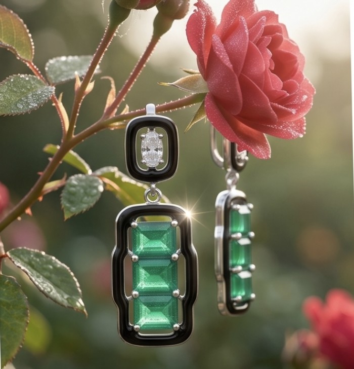 Art Deco 8.2 carat Colombian Emerald .925 Sterling Silver handcrafted Statement earrings - Emerald and silver earrings with rose, close-up view.
