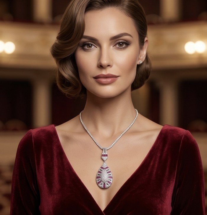 Art Deco - Izabella Luxurious natural 4.9 carat Ruby .925 Sterling Silver handmade necklace - Elegant woman wearing Art Deco Izabella ruby necklace, front view