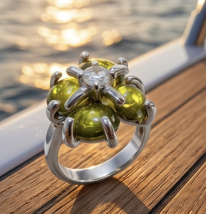 Clover 7.9 carat authentic Himalayan Peridot .925 Sterling Silver Handcrafted Statement Ring size 6 - Ring with green peridot stones, close-up on deck background
