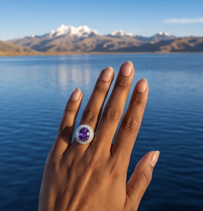 Vintage Beauty - fancy roud cut 14.5 carat Amethyst .925 Sterling Silver dipped in rhodium Handcrafted Large Ring size 5 - Amethyst ring worn on hand with scenic lake and mountains in background.