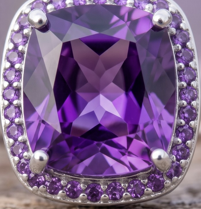 Purple Angel 9.5 carat natural Amethyst rhodium over .925 Sterling Silver Handcrafted Ring size 7 - Close-up of Purple Angel Amethyst in rhodium-plated silver setting