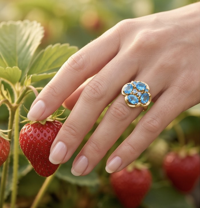 ENCHANTED GARDEN 14.3 carat Swiss Blue Topaz .925 Sterling Silver dipped in 22K Gold handcrafted ring size 6 3/4 - Hand wearing ENCHANTED GARDEN ring with blue topaz near strawberries