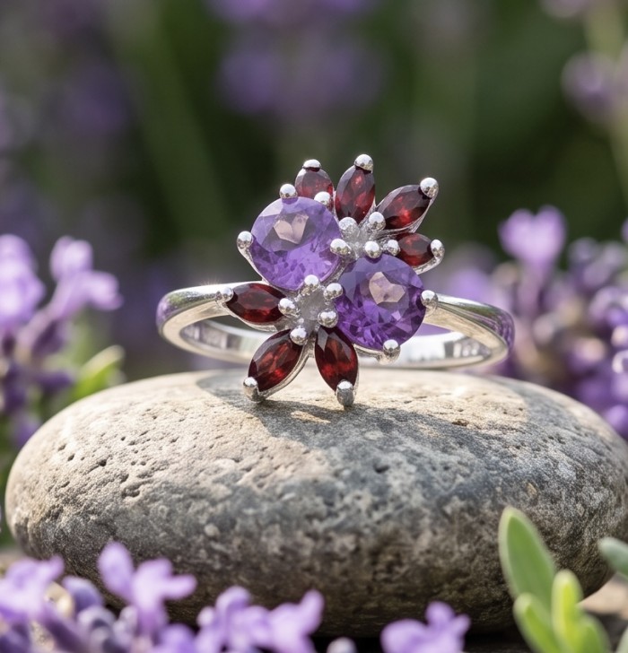 Flower 5.4 carat Amethyst rhodium over .925 Sterling Silver Handcrafted Ring size 9 - Close-up of amethyst ring with flower design on a stone background