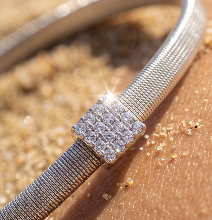 Huge 2 1/8 inches long White Topaz rhodium over .925 Sterling Silver handmade Hoop Earrings - Close-up of white topaz bracelet detail on sandy surface