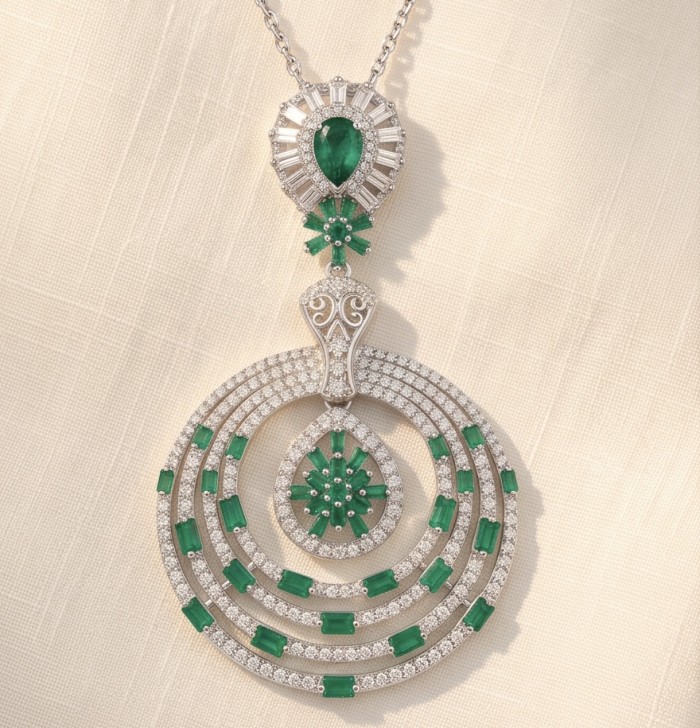 Precious 7.2 carat natural Colombian Emerald rhodium over .925 Sterling Silver .925 Sterling Silver Statement Necklace - Emerald pendant with diamonds, front view, showcasing intricate details.