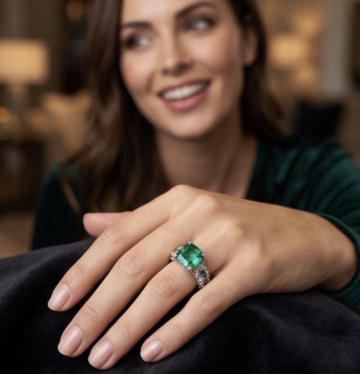 Luxurious asscher cut 10.9 carat Emerald .925 Sterling Silver rhodium over handcrafted Ring s. 6 3/4 - Woman wearing 10.9 carat emerald ring on hand, front view.