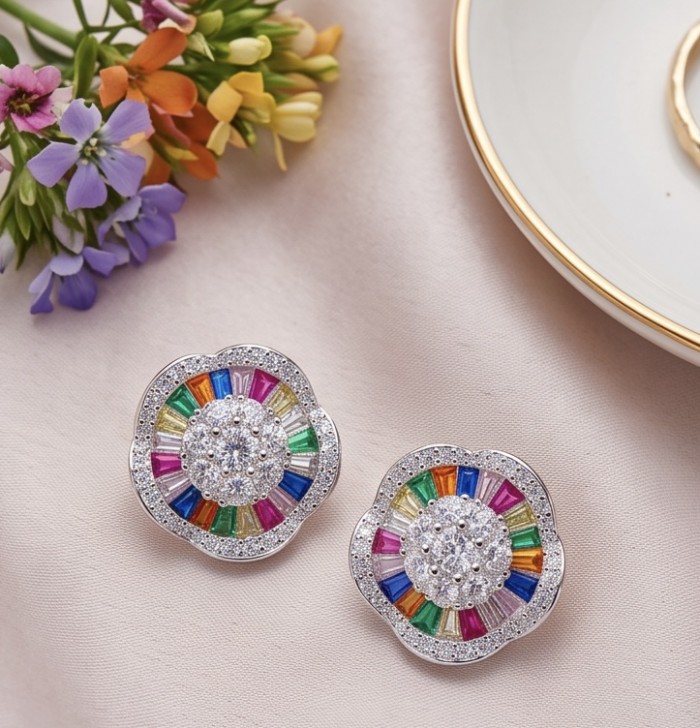 Extravaganza authentic 3.5 carat Multigem rhodium over .925 Sterling Silver Handcrafted Earrings - Extravaganza multigem earrings front view with flowers and plate background.