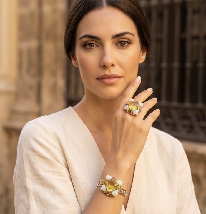 Golden Symphony 59.8 carat Genuine Lemon Quartz Rough Opal 2 tones .925 Sterling Silver dipped in Rhodium handcrafted bracelet - Woman wearing Golden Symphony Quartz ring and bracelet, front view.