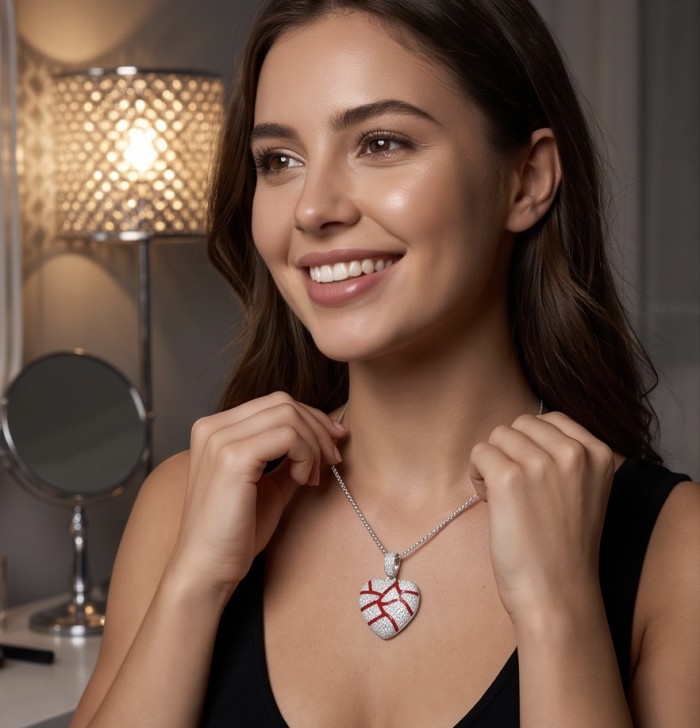 Lava Heart Luxurious 8.4 carat White Topaz .925 Sterling Silver handcrafted pendant - Woman wearing Lava Heart necklace, showcasing front view of the pendant.