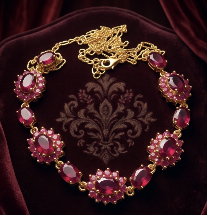 Carmen 28.2 carat Natural Kasmir Ruby .925 Sterling Silver dipped in 22K Gold handcrafted Statement necklace - Necklace side view with Kasmir rubies on velvet background
