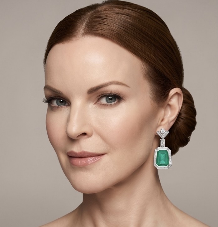 Art Deco - Magnificent Jewel 32.5 carat Colombian Emerald .925 Sterling Silver dipped in Rhodium handcrafted earrings - Woman wearing 32.5 carat Colombian emerald earrings, side view.