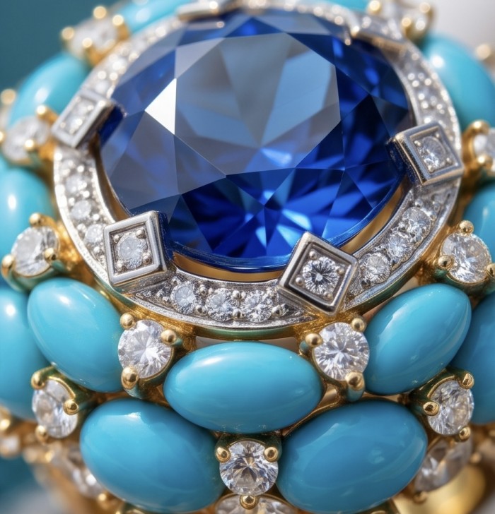 Blue Rhapsody - 16.5 carat natural Colombian Sapphire .925 Sterling Silver dipped in 22K Gold handcrafted Large Statement Ring size 7 1/4 - Stone close-up of Blue Rhapsody sapphire surrounded by turquoise and diamonds