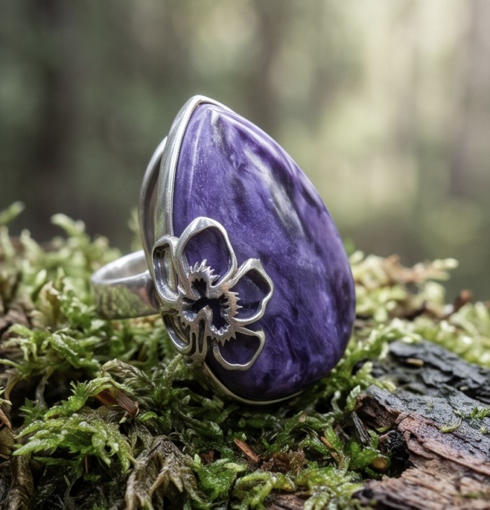 Large Natural Siberian Charoite .925 Sterling Silver handcrafted Large ring size 8 adjustable - Side view of Siberian Charoite ring with flower detail on moss.