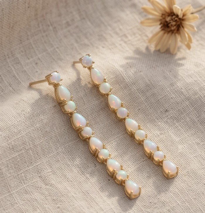 Valentina 2.9 carat Natural Australian Opal .925 Sterling Silver dipped in 22K Gold handcrafted earrings - Opal earrings on fabric background, side view with flower decor.
