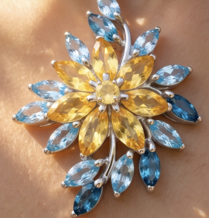 Giovanna - Authentic 12.9 carat Brazilian Citrine .925 Sterling Silver dipped in rhodium handcrafted Statement Pendant - Close-up of flower-shaped citrine pendant with blue accents.